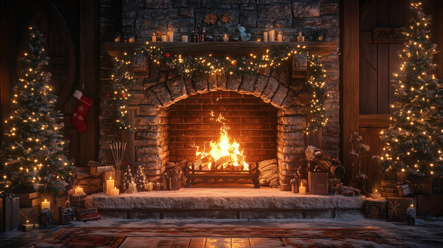 Holiday Fireplace Scene With Christmas Tree And Festive Garland Enhancing Cozy Atmosphere