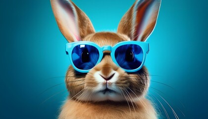 Fototapeta premium Easter rabbit bunny with blue sunglasses, studio lighting, blue background