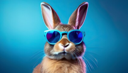 Easter rabbit bunny with blue sunglasses, studio lighting, blue background