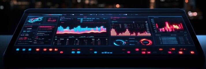 Holographic financial dashboard displaying dynamic stock values, intricate graphs, and detailed charts for real-time market analysis
