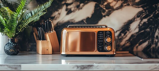 A toaster on a clean kitchen counter with space for product highlights and promotional text