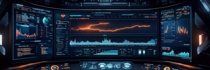 Holographic financial dashboard displaying dynamic stock values, interactive graphs, real-time charts, futuristic design, user-friendly interface