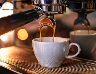 Espresso pouring from coffee machine at the cafe