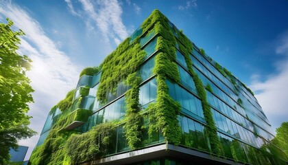 Glass building covered with green plants. Environmental awareness. Ecological house. Smart Building City.