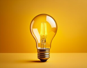 Glowing light bulb, on yellow background. Great idea concept. Copy space for text. Generated by AI