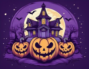 Fototapeta premium graphic t-shirt design style halloween haunted house. pumpkin heads. violet background.