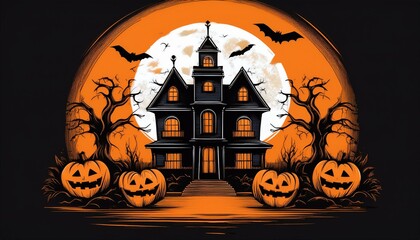 Graphic t-shirt design style halloween haunted house. Pumpkin heads. Orange background