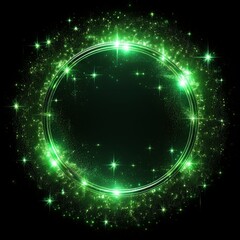Obraz premium Green glitter circle of light shine sparkles and green spark particles in circle frame on black background. Christmas magic stars glow, firework confetti of glittery ring shimmer