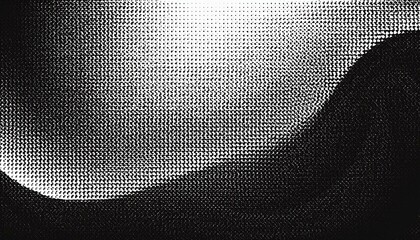 Grunge halftone gradient texture with wavy shape. Fading grit noise background. Retro dotted pixelated backdrop. Black and white comic overlay