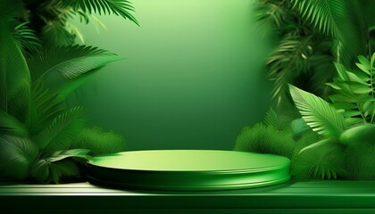 Obraz premium Green podium in the jungle. Green background for cosmetic product.
