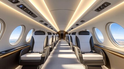 Obraz premium The overhead storage bin in the airplane features soft shadows and blue LED lighting on the white surface, set against a gray ceiling, creating a serene travel atmosphere