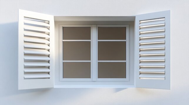 White window with open shutters against a white wall.