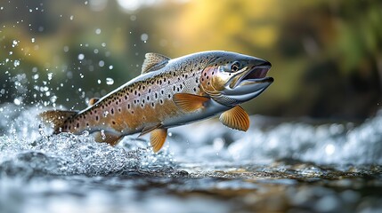 a powerful salmon leaps energetically from the sparkling river showcasing its strength and agility against a backdrop of cascading water symbolizing the vitality of nature and the thrill of fishing