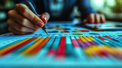 Obraz premium a professional business setting,a close up view of a strategic planning session featuring hands pointing at charts and graphs,digital devices and office supplies on the table.illustration