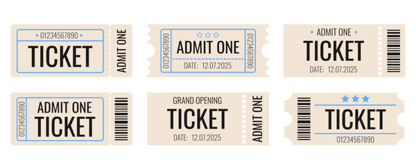 Obraz premium Ticket set, old style. Admit one tickets with bar code. Vintage, retro ticket concert and festival event, movie theater coupon. Vector paper and digital samples icon.