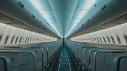 Obraz premium The overhead storage bin in the airplane features soft shadows and blue LED lighting on the white surface, set against a gray ceiling, creating a serene travel atmosphere