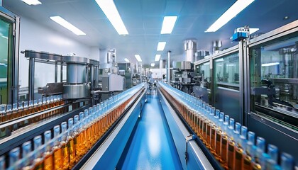 Fototapeta premium Medical Ampoule Production Line at Modern Pharmacy Factory