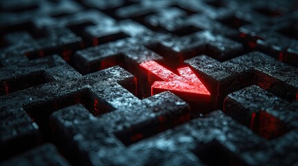 a red arrow navigating through a complex black maze symbolizing overcoming obstacles and finding solutions.create by F.a