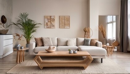 Modern interior of open space with design modular sofa, furniture, wooden coffee tables in stylish home decor. Neutral living room.