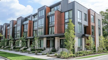 Obraz premium Modern design townhouse It is characterized by distinctive architectural elements. big window and the combination of materials such as steel and wood.