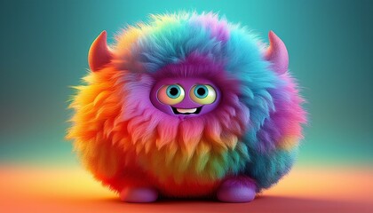 Multicolored gradient fluffy furry funny 3D monster cartoon