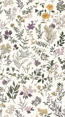 Obraz premium Watercolor Floral Pattern with Green Leaves and Delicate Flowers