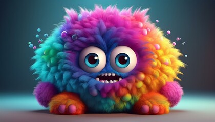 Multicolored gradient fluffy furry funny 3D monster cartoon