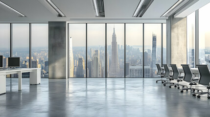 Modern Office Interior with Floor-to-Ceiling Windows and a Stunning City Skyline View