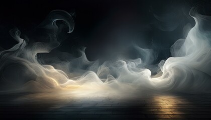 Mystical mist. Swirling smoke in dark and light symphony. Fluid fantasia. Abstract dance of fog and light on floor with black background