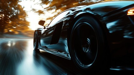 A black sports car drives down a winding road.