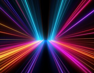 Neon futuristic flashes on black background. Motion light lines backdrop. For banner, postcard, illustration. Created with generative AI tools