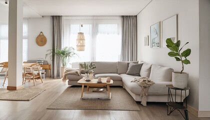 Nice scandinavian bright modern living room with white walls