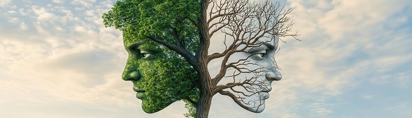 Fototapeta premium A green tree face and a bare tree face, both intertwined with branches, symbolizing the duality of life, on a simple sky background