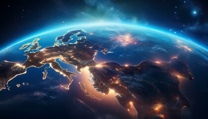 Panoramic view on planet Earth globe from space. Glowing city lights, light clouds. Generative AI