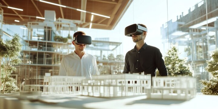 Young male architectural engineer wears a VR headset using advanced virtual reality software to design and develop a commercial home. 3D model projected in a modern, high-tech workspace.