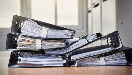 Piles of paperwork and folders in office room. The concept of workaholism, an emergency at work