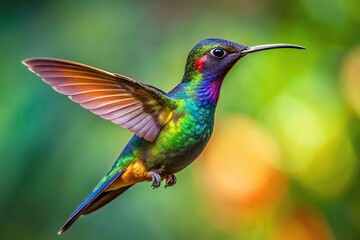 Fototapeta premium Aerial view of a colorful Black throated Mango hummingbird hovering in acrobatic pose