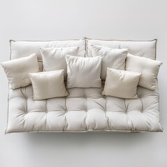 Fototapeta premium Top view of sofa with cushions isolated on white 