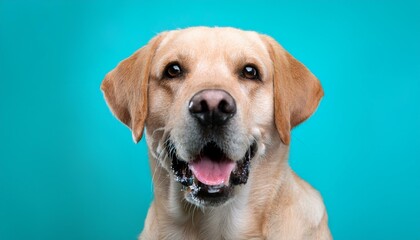 portrait of a blond labrador retriever dog looking at the camera with mouth open seen from the front on a blue turquoise background