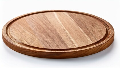Round wooden pizza board or tray isolated on white background