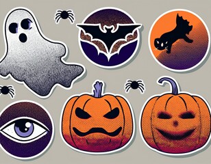 Fototapeta premium Set of Halloween retro halftone paper stickers for 90s style collages. Illustration with pumpkin, ghost, eye, black cat, raven, lips, spider, eye, hand, ghost