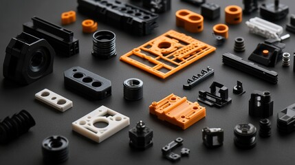 Fototapeta premium Assorted plastic construction components. Precision engineered thermoplastic parts