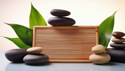 Stacked stones with wooden spa theme board, green leaves and sticks