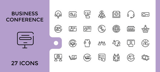 Business conference line icons set, attendee, schedule, workshop, venue, Networking, speaker, presentation and more collection, Editable stroke and pixel perfect.