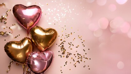 Fototapeta premium Stylish metallic pink and gold balloons with confetti. Valentine's day, international women day, romantic background
