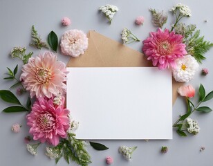 The front side of the postcard with flower composition in the center. Mock up