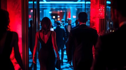 Glamorous gala event with guests arriving and navigating the sophisticated venue