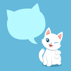 Cartoon character happy white cat with speech bubble for design.