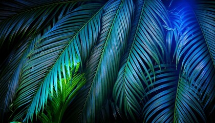 Tropical Leaves Illuminated with Blue and Green