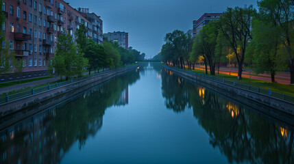 Fototapeta premium Nighttime city canal reflection, trees and residential buildings along the calm water